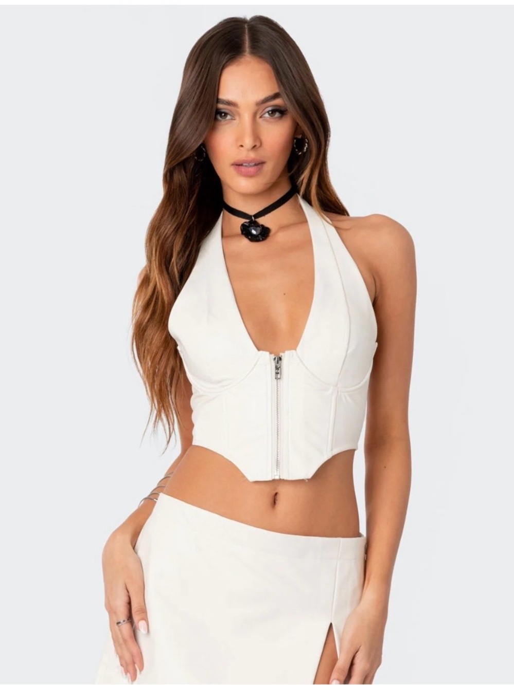 Edikted White Halter Zip Crop Top